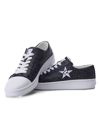 Pair of black glitter sneakers with white laces on a white background