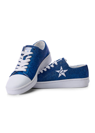 Blue glittery sneakers with white accents on a white background