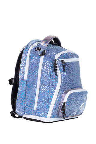 Leopard in Steel Blue Rebel Baby Dream Bag with White Zipper