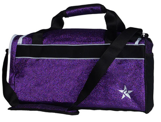 A purple glittery duffle bag with black straps, a padded handle, a detachable shoulder strap, and a silver star logo on the side.