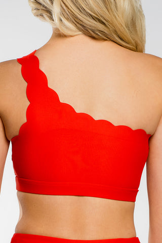 One Shoulder Scalloped Sports Bra in Red