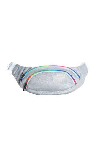 silver fanny pack called Adult Rebel Fanny Pack in Opalescent - Rainbow Zipper by Rebel Athletic