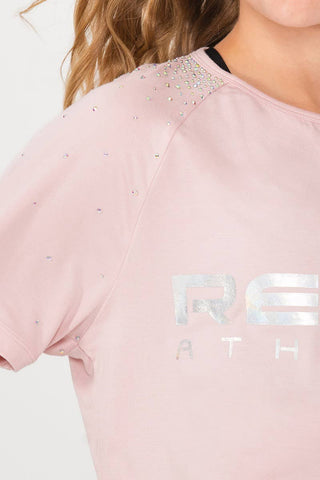 Rebel Athletic Crystaled Cropped Tee in Dusty Pink