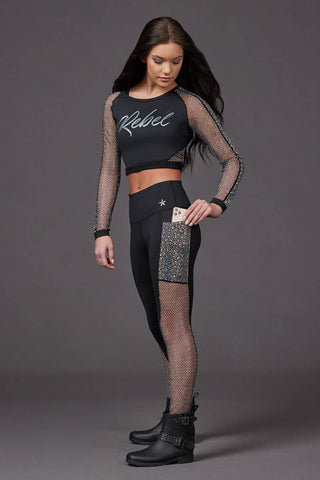 Mesh Crystal Couture Cropped Long Sleeve Top