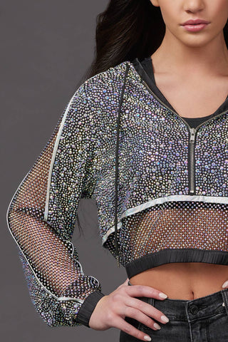 Mesh Crystal Couture Cropped Hoodie - Special Order