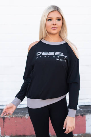 Rebel Athletic Cold Shoulder Pullover in Black
