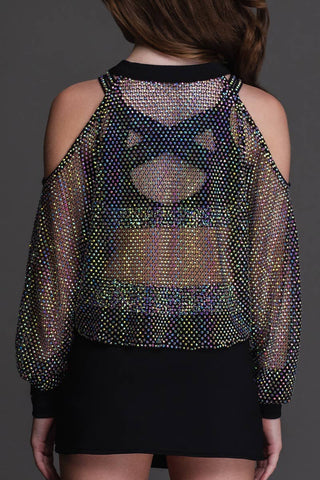 Mesh Crystal Couture Cold Shoulder Pullover