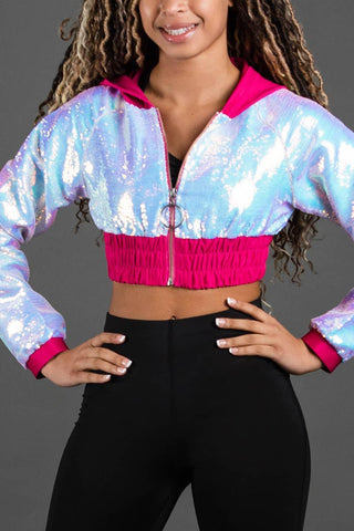 Cropped Hoodie in Fuchsia Holosequin