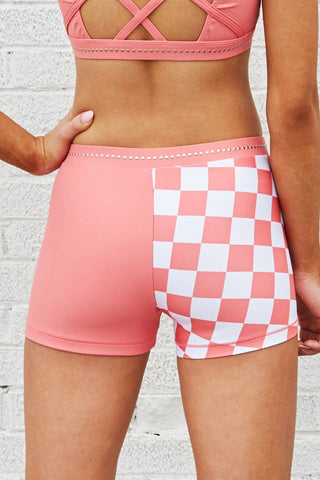 Mid Rise Compression Shorts in Checkered Sweet Coral