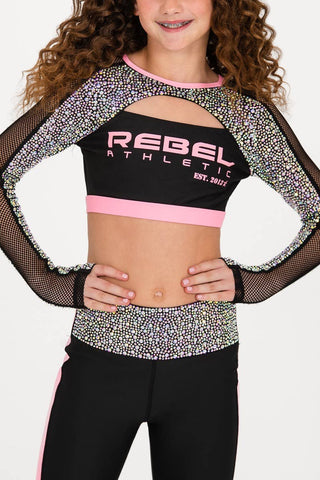 Rebel Est. 2013 Long Sleeve Sports Bra in Orchid Pink Crystal Couture